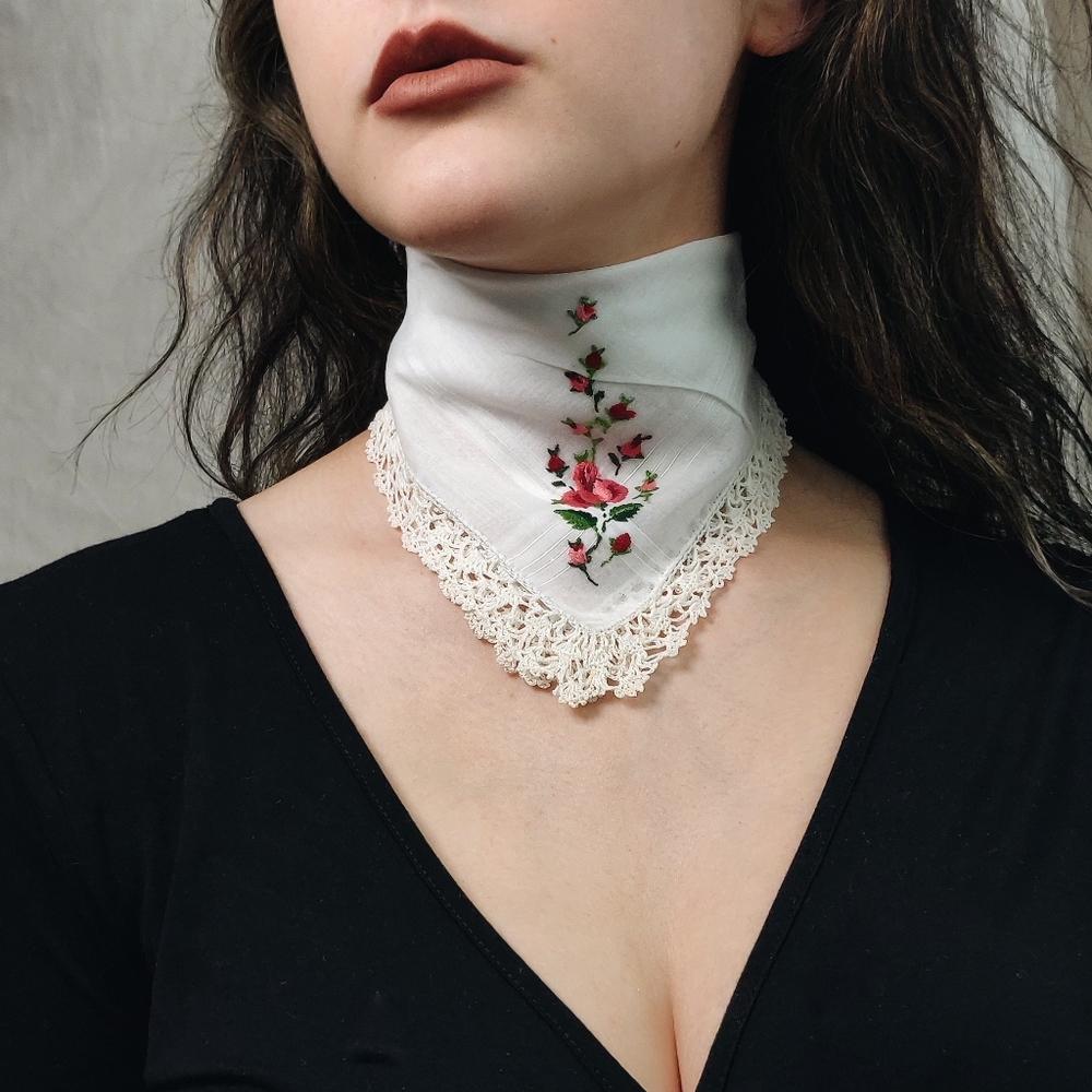 Floral and Tatting Vintage Handkerchief/Neck Scarf